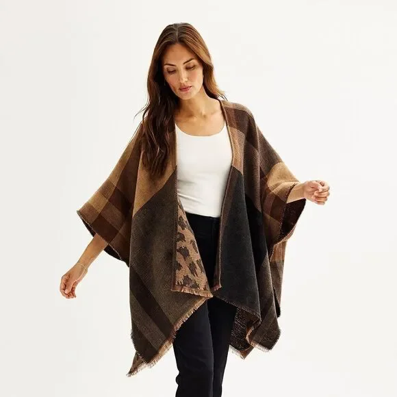 Nine West Reversible Wrap Scarf Plaid Leopard Brown Black Fringe NWT $50 MSRP - Picture 1 of 9